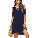 Bluetime Women Cold Shoulder Summer Dress Short Sleeve Beach Casual Loose Swing Dress