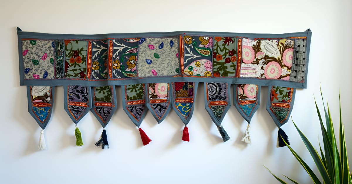 ICC valances for windows Toran Cotton Vintage Patchwork Door Hanging Valance Window Hand Embroidered Bohemian Decor Living Room Wall bedroom living room Home Handmade Decorations Grey 42 Inches