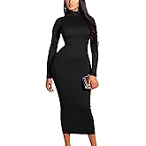 GOBLES Women's Elegant High Neck Long Sleeve Bodycon Midi Party Long Dress