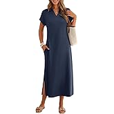 MEROKEETY Women's Summer Casual Maxi Dress 2026 Cap Sleeve V Neck Collared Beach Vacation T Shirt Long Dresses