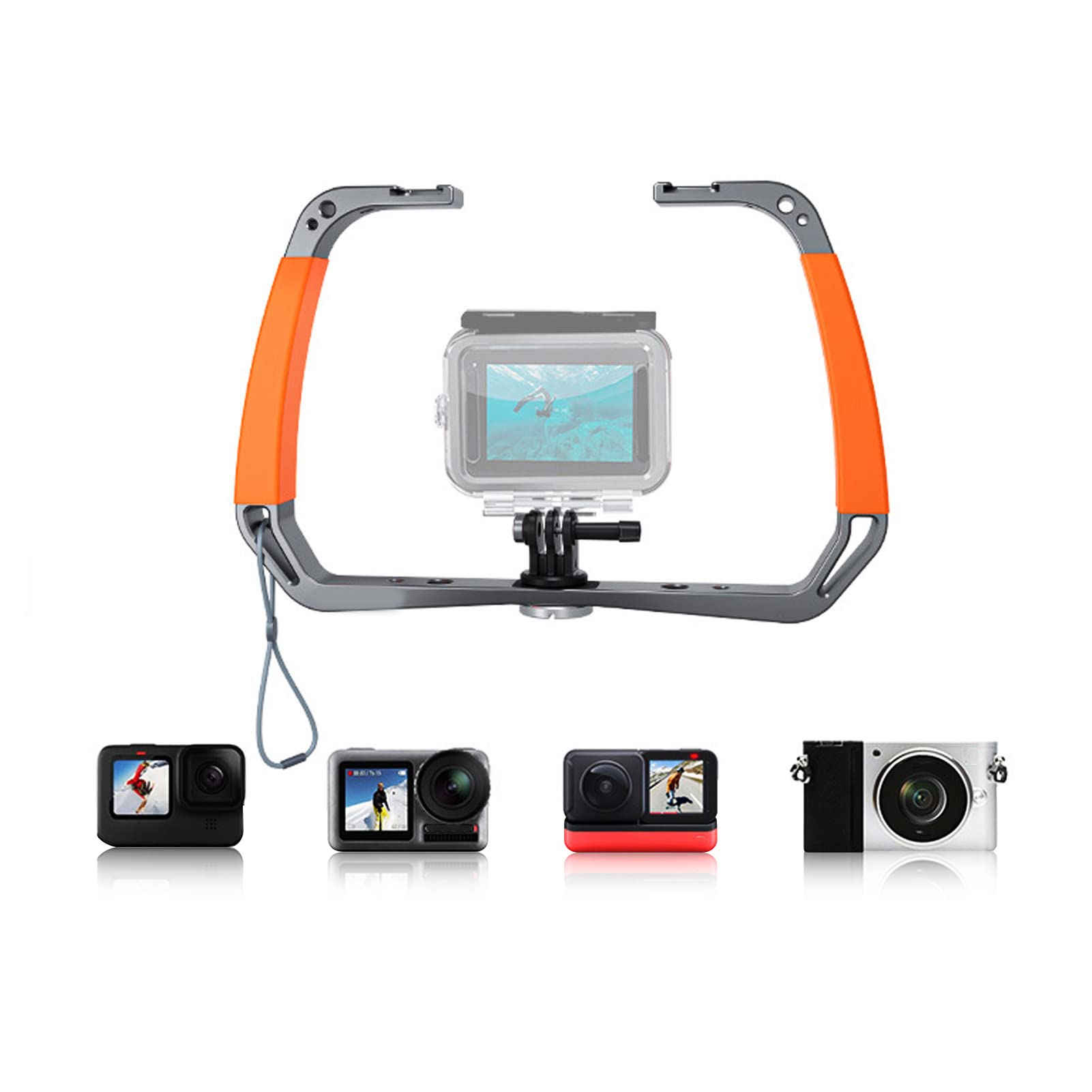 Sport Camera Diving Rig Stabilizer, Handheld WaterproofUnderwater Diving Rig with Double Cold Shoe,Diving Dual Arm Tray System Stabilizer for Sports Action Cameras