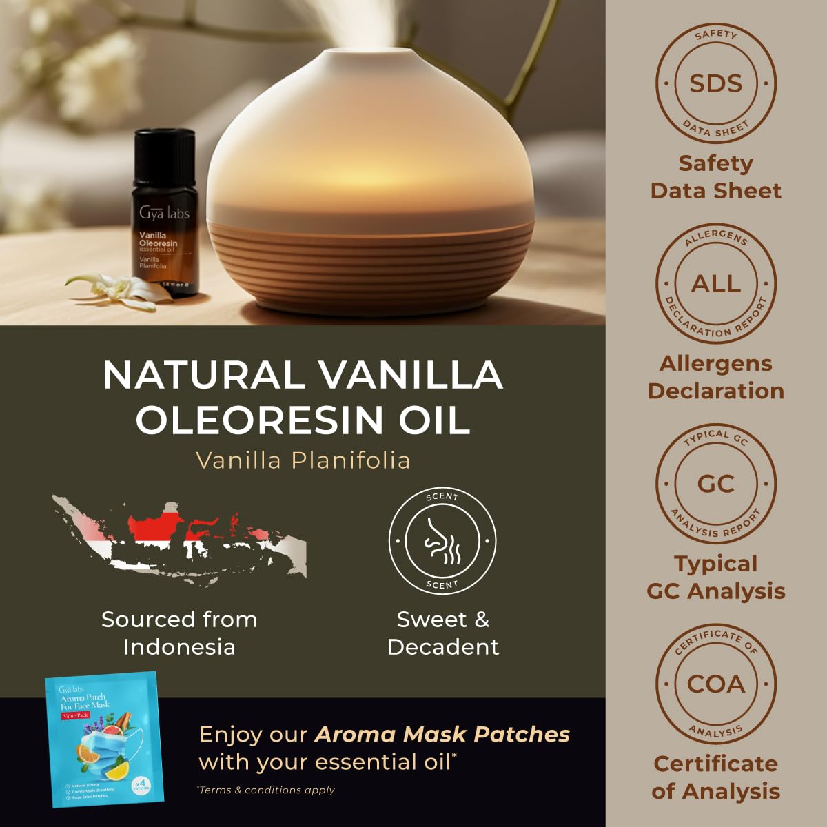 Vanilla Essential Oil for Diffuser & Patchouli Oil for Diffuser Set - Natural Aromatherapy Grade Essential Oils Set - 2x0.34 fl oz - Gya Labs
