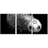 Black and White Splash Soccer Football Balls Wall Art Posters Prints on Wrapped Frames 3 Pieces for Boys Kids Gifts Room Decoration Ready to Hang,12x16inchx3 (White)