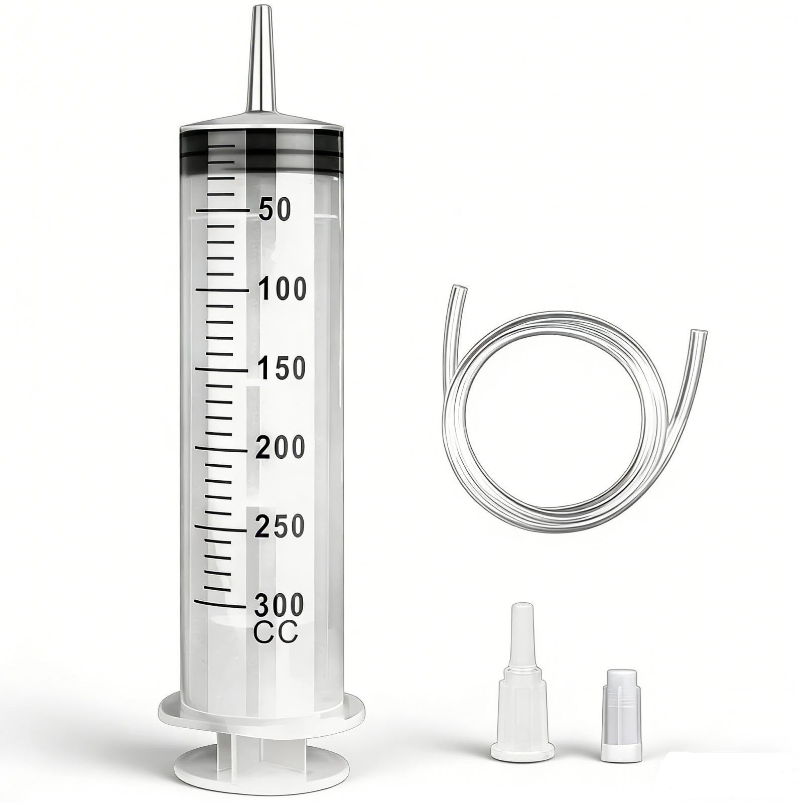 Sinofort Large Syringe 300ml, Plastic Syringe Reusable, Oil Syringe with Tube and Adapter for Industry Lab Syringes Garden Measuring Plant Watering Pet Feeding