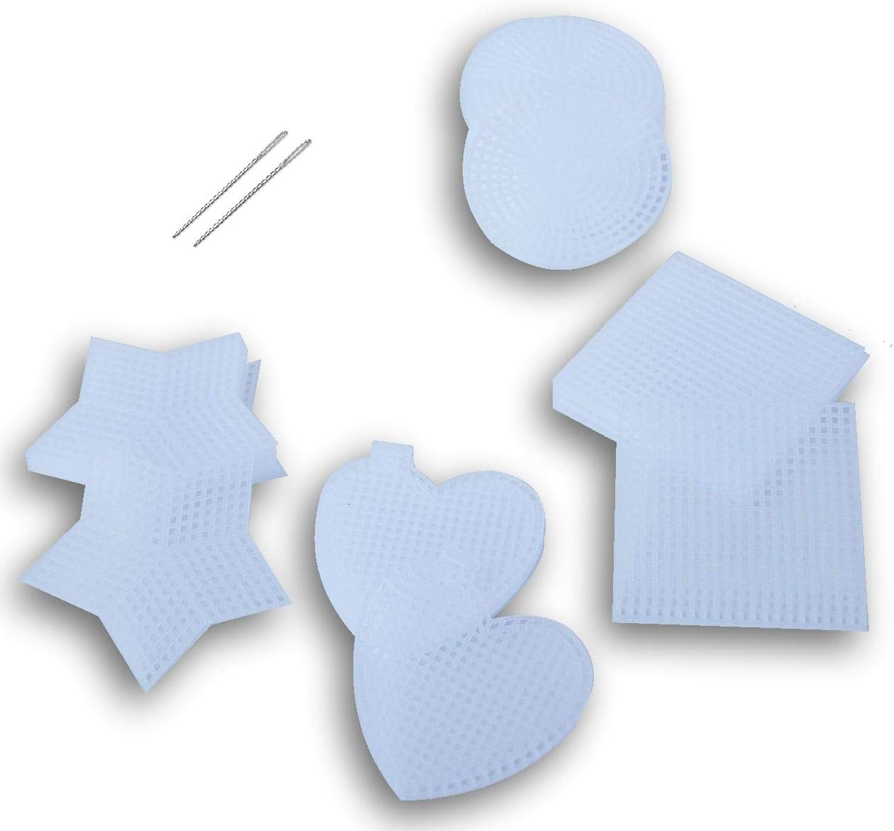 Plastic Canvas No. 7 Shapes Assortment - Stars, Hearts, Squares, Circles with 2 Needles - 62 Piece Bundle