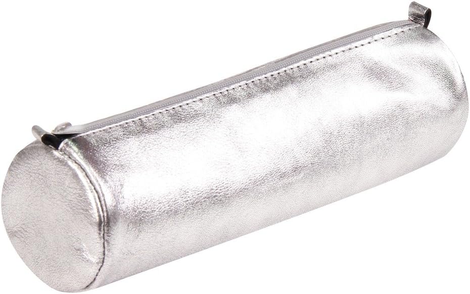 Clairefontaine 8688C, Round School Pencil Case Silvered Iridescent Effect diameter 5,5x22 cm in Genuine Lambskin Leather