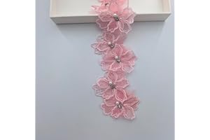 BUYSK 2 Yards 3D Pearl Beads Flower Lace Trim Ribbon Floral Applique Embroidered Lace Fabric for Sewing DIY Crafts (Pink)