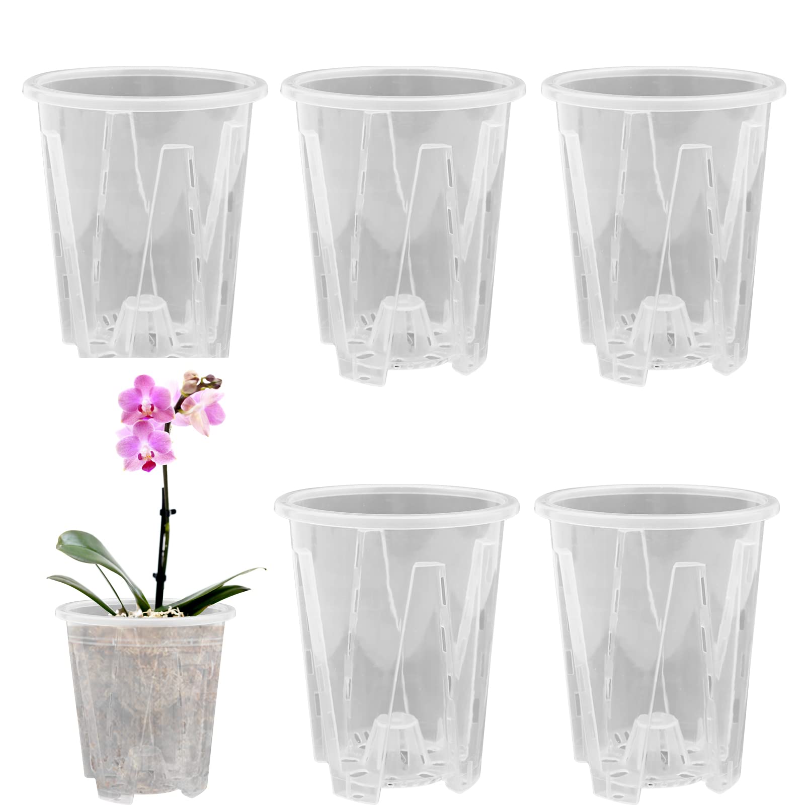 TSLBW 6 Pcs Clear Flower Pots Transparent Orchid Pot Plastic Flower Plant Pots with Drainage Holes Orchid Breathable Slotted Plastic Plant Pot Nursery Pots for Orchids, Succulents, Houseplants (12cm)