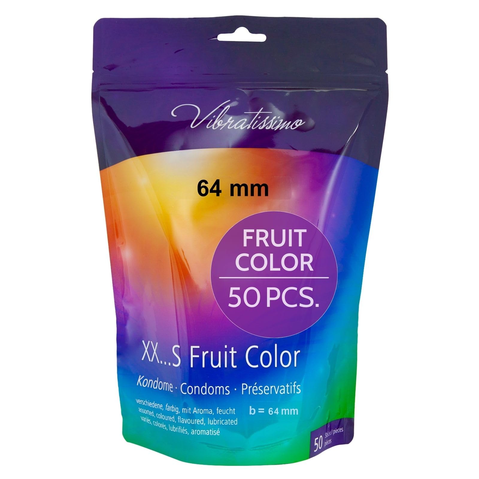 VIBRATISSIMO Fruit Coloured Condoms 50-Pack I Feel-Real & Extra Lubricated I for Men I Resealable Condoms Bag I Ultra-Thin I w=64mm