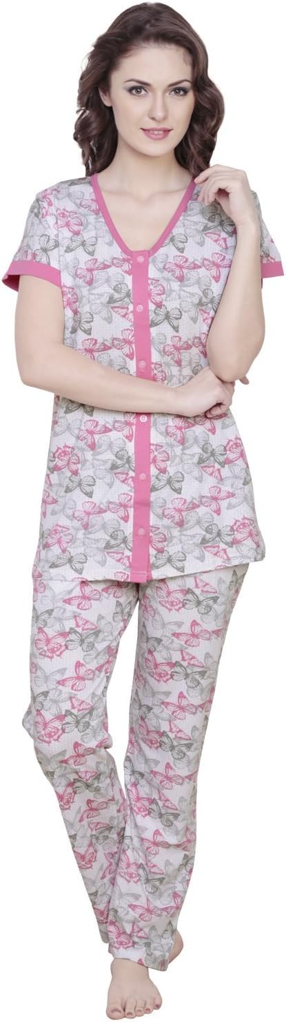 Claura Butterfly Printed Pink Women Cotton Night Suit Pyjama Set