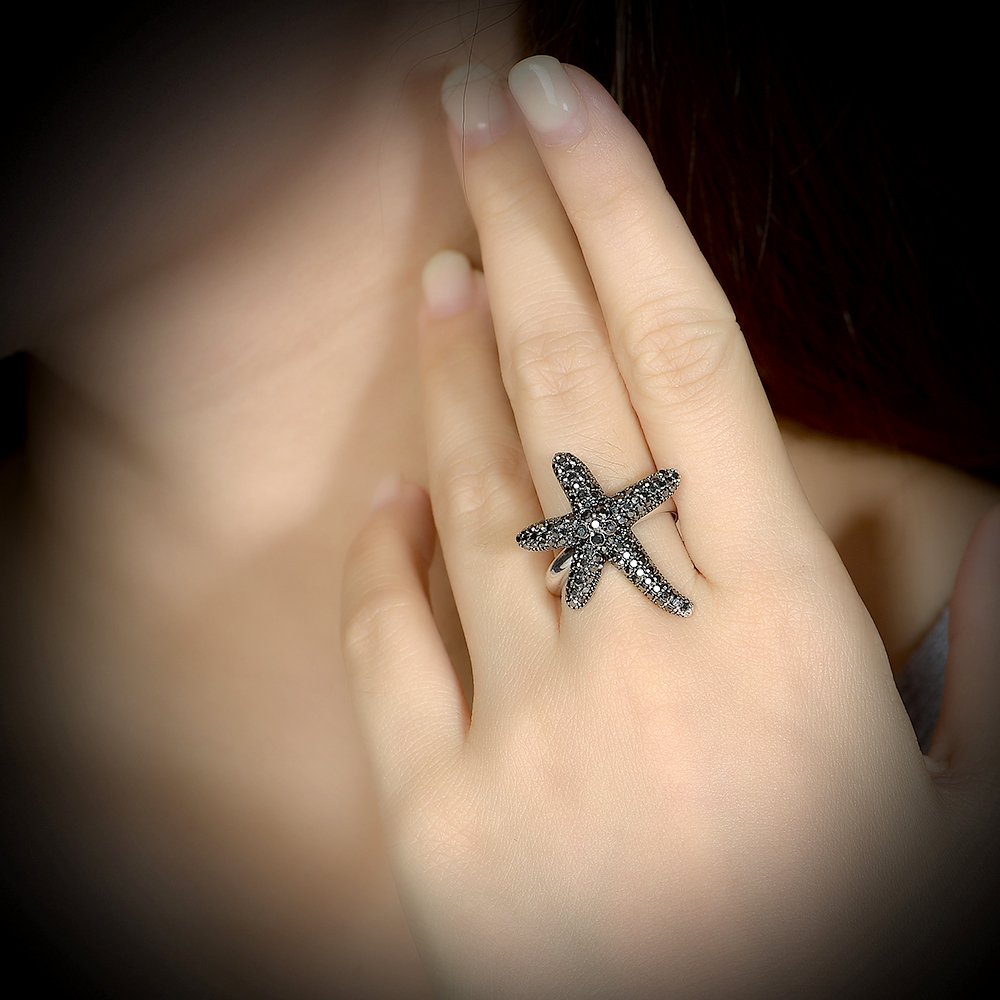 Dnswez Starfish Black Crystal Marcasite Fashion Statement Ring(10)