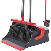 Zeawec Broom with Dustpan Set for Pet Hair &amp; Dust Cleanup, Red &amp; Gray | Long Handle Upright Standing Self-Cleaning Broom and Dustpan Set for Indoor Outdoor Use for Home, Kitchen, Office