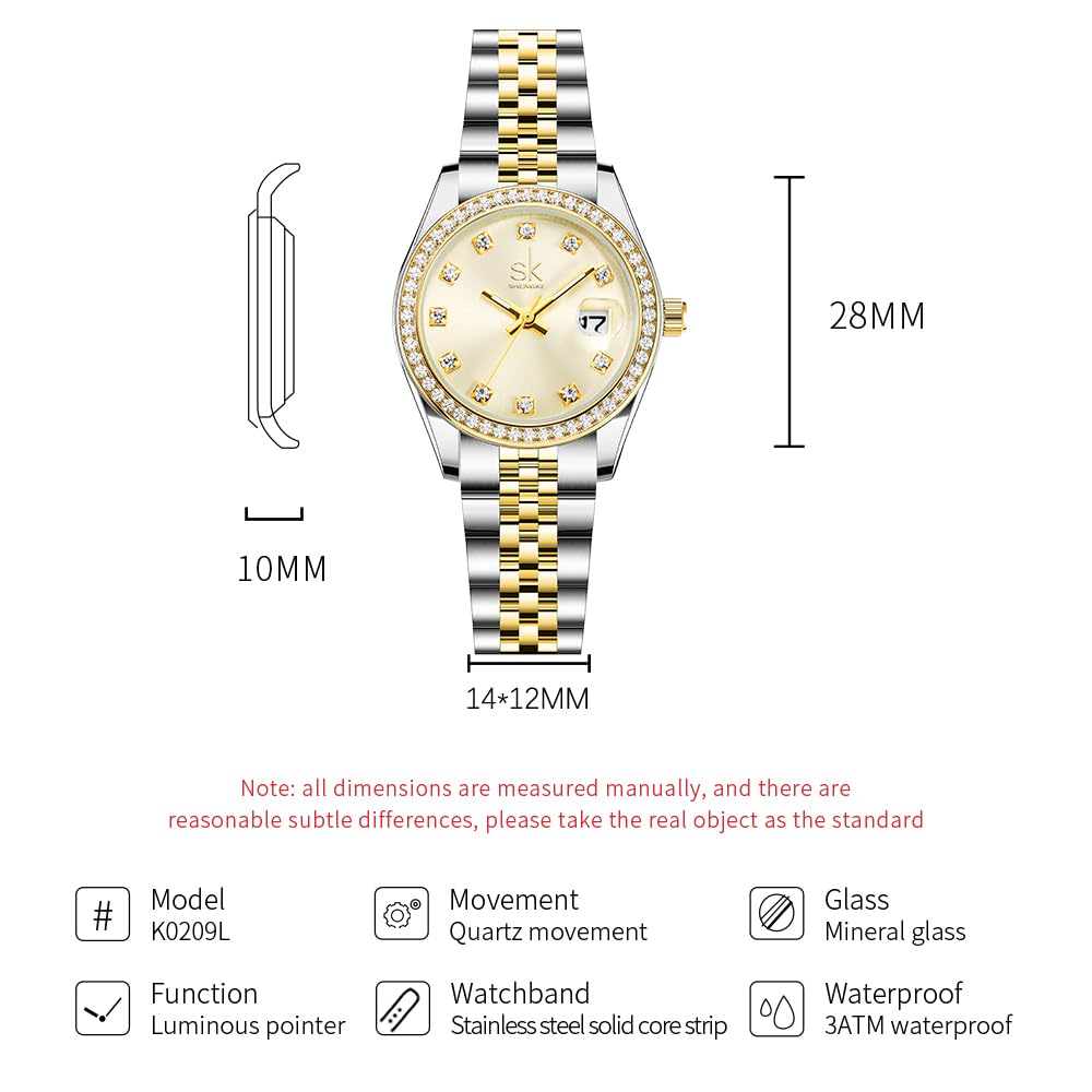SHENGKE Women's Crystal Accented with Solid Alloy Steel Band Watch Elegant Dress Quartz Calendar Watches for Women