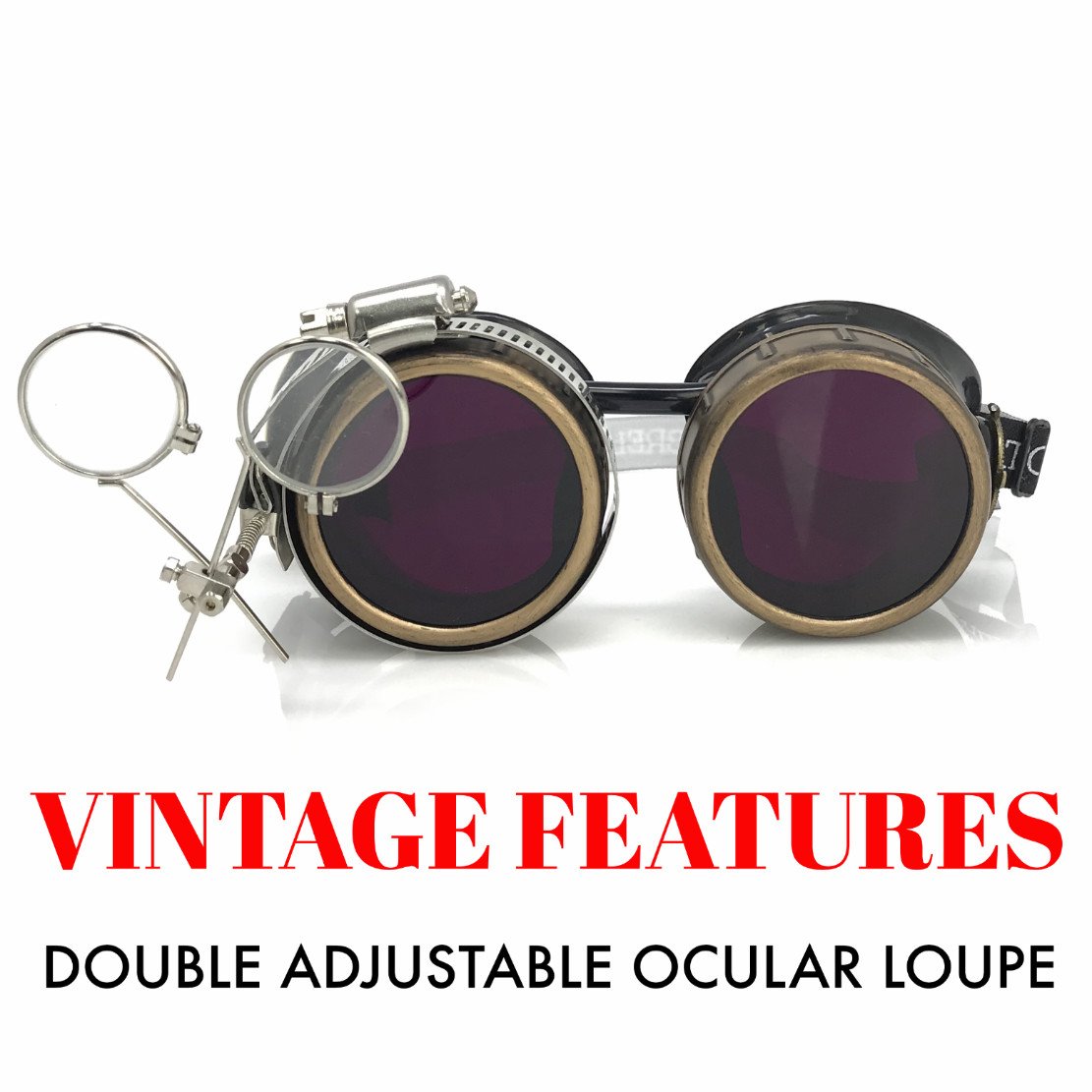 Steampunk Victorian Style Goggles with Compass Design & Ocular Loupe, Rave Glasses