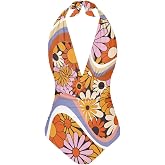 ELEDIZI One Piece Swimsuit Women Tummy Control V Neck Sexy Bathing Suit Halter Top Ruched Swimwear Beach Outfit XS-3XL