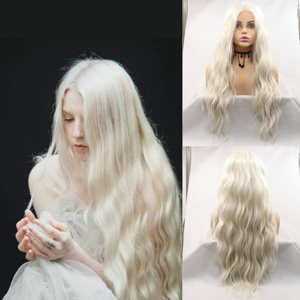 SERENEWIG Ladies Water Wave Long Hair 60# White Blonde Synthetic Lace Front Wigs for Women Natural Blonde Wigs Loose Wave Festival Cosplay Party Middle Part