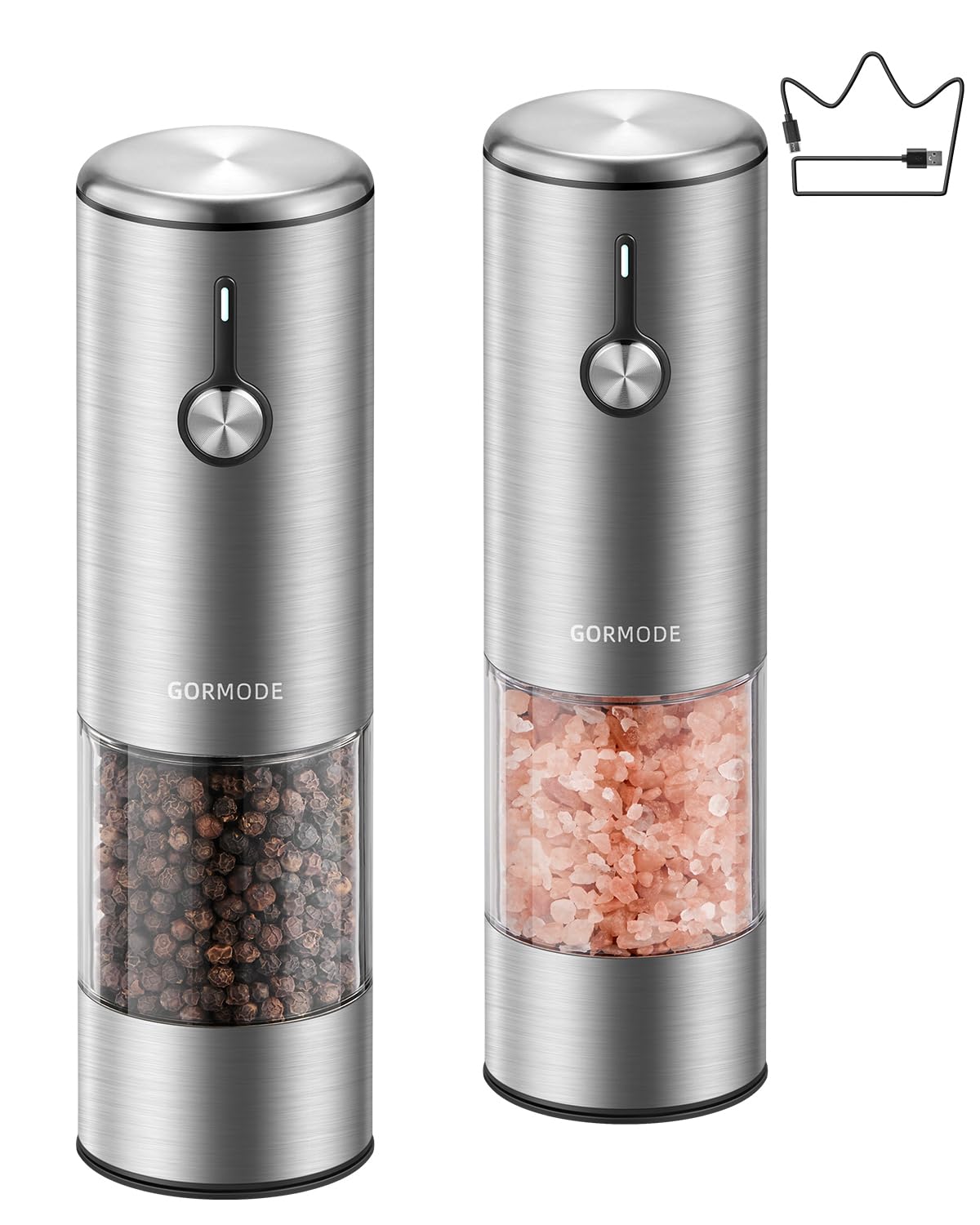 Electric Pepper Grinder and Salt Mill Set - Large Capacity USB Rechargeable Automatic Grinder with Dual LED Lights, One-Handed Operation & Slide Cover - Brushed Stainless Steel Image