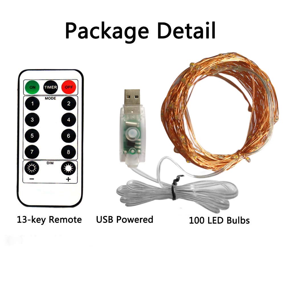 BXROIU 2 Guirlandes Lumineuses 100 LEDs 10M Fil de cuivre Blanc Chaud,Prise USB avec Télécommande Lumière Etoilée pour Décoration Noël Soirée Mariage Fête