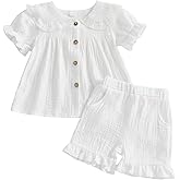 Vicaankue Toddler Baby Girl Clothes Cotton Linen Short Sleeve Button Up Collar Shirt Ruffle Shorts Set 2 Piece Summer Outfits