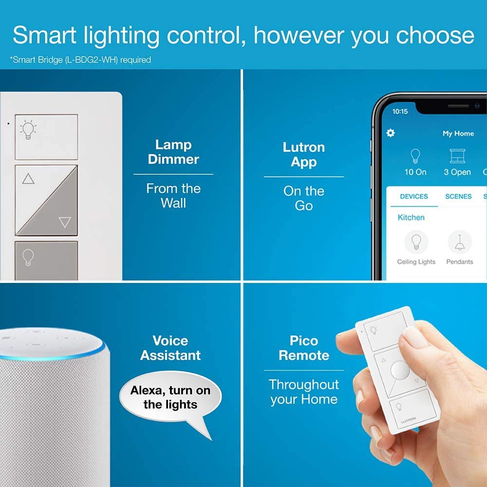 Lutron Caseta Smart Plug-In Lamp Dimmer Switch Kit with Pico Remote, Smart Dimmer for LED Lights, Table and Floor Lamps, 100W, Single-Pole/3-Way, P-PKG1P-WH - View 6