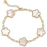 PAVOI 14K Gold Plated Clover Bracelets for Women - Flower Four Leaf Clover Bracelet - Mother of Pearl & Onyx Gemstone Lucky Flower Design - Adjustable Trendy Jewelry Gifts