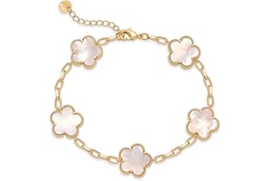 PAVOI 14K Gold Plated Clover Bracelets for Women - Flower Four Leaf Clover Bracelet - Mother of Pearl & Onyx Gemstone Lucky Flower Design - Adjustable Trendy Jewelry Gifts