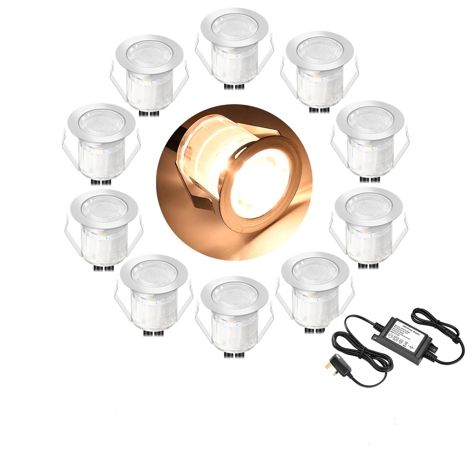 GEYUEYA Home Warm White Decking Lights, φ30mm LED Deck Lights 12V 0.6W IP67 Waterproof, Led Plinth Light for Terrace/Patio/Path/Wall/Garden/Decoration - 10 Packs