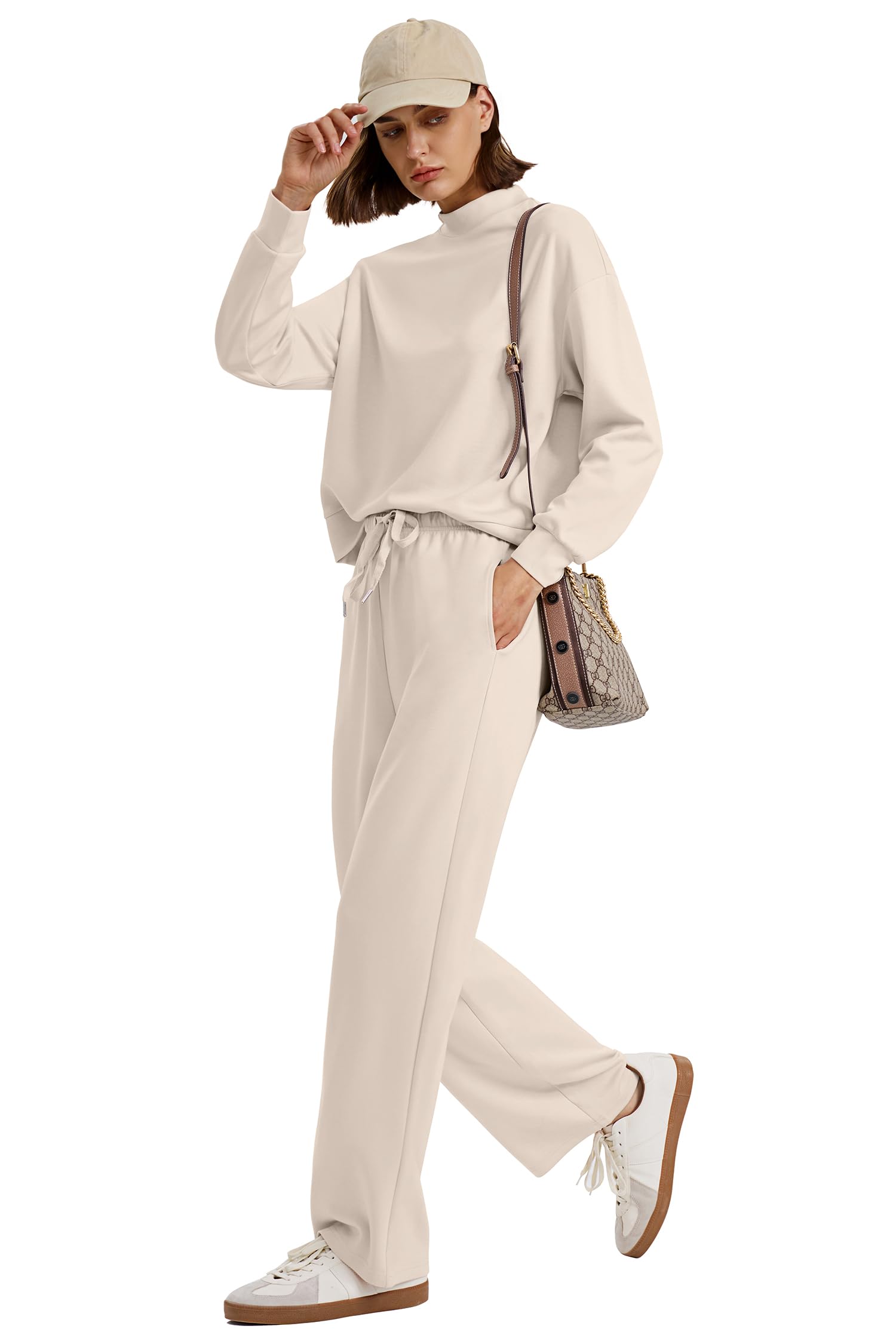 WIHOLL Trendy Outfits for Women 2 Piece Long Sleeve Lounge Sets Mock Neck Two Piece Matching Sets Fall High Waist Loungewear Comfy Active Tracksuit Women