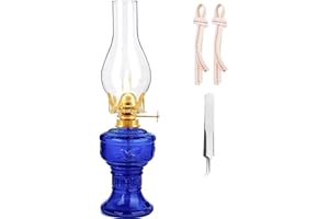 RNUIE Kerosene Oil Lamp,1 Vintage Kerosene Lamp,1 Tweezers and 2 Wicks,Glass Hurricane Lantern for Indoor Lighting Decoration Outdoor Camping Use (Dark Blue)