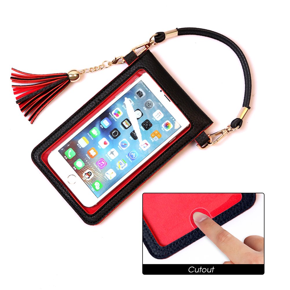 LKZAIY PU Leather Crossbody Bag Mini Phone Pouch with Shoulder Strap for iPhone 7 Plus, 6S Plus, 6 Plus, 7, 6S, 6, 5S, 5C, Samsung S8, S7 Edge, S6 Edge+, S6, S5, S4, J3, J7 (Black+Red)