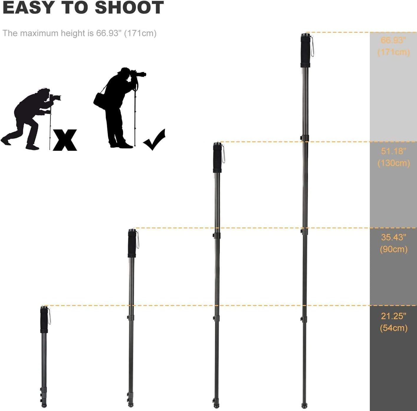 Camera Monopod, K&F Concept 4-Section 67"/171CM Compact Portable Travel DSLR Monopod Unipod Stand Walking Trekking Stick Aluminum Alloy Lightweight SLR Cameras Canon Nikon Sony Camcorder Video : Camera & Photo
