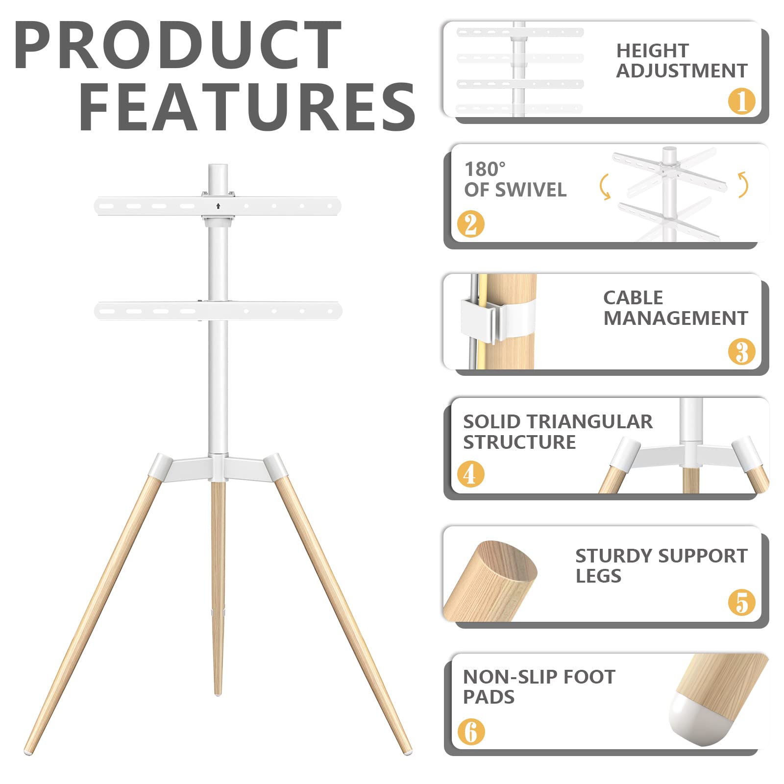 TVON Tripod Easel TV Stand for 37–65 Inch LED LCD Flat/Curved Screen TVs up to 77 lbs, Height Adjustable Corner TV Stand with Cable Management and 180° Swivel for Bedroom, Living Room, Studio, White