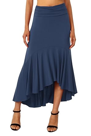 DJT Damen A-Linie Asymmetrisch Rock Lang Faltenrock Sommerrock Elastische Taille Röcke