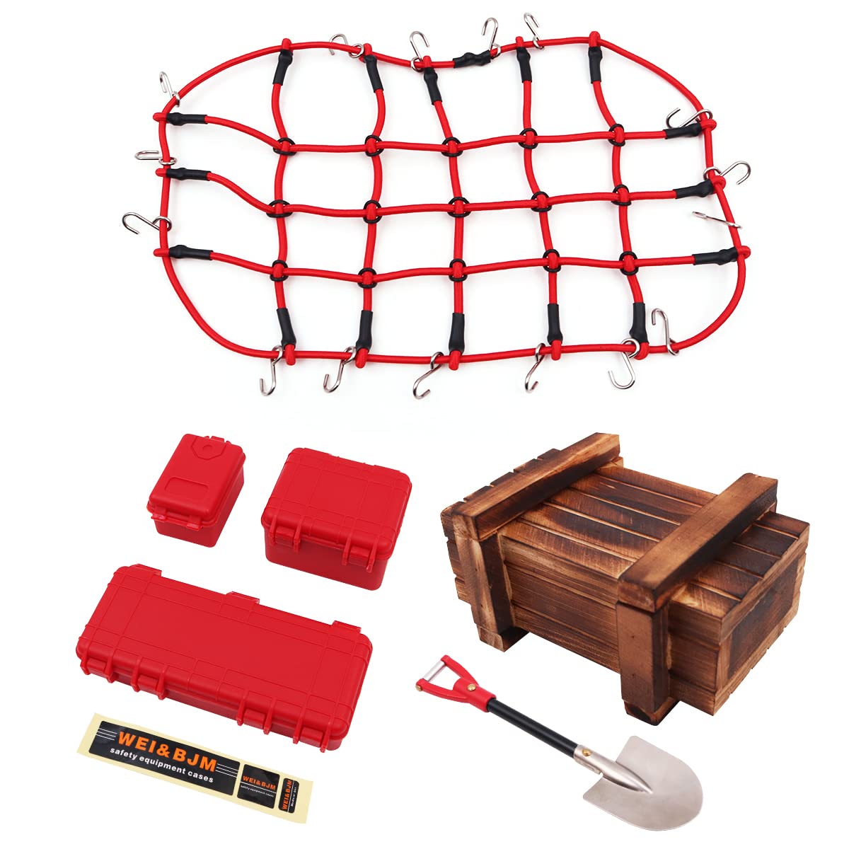 WANGCL 6PCS Remote Control Car Roof Rack Accessories with Cargo Net Mini Red Toolbox Wooden Box Shovel for 1/10 RC Car RC Crawler Monster Trucks Compatible with TRX4 SCX10/D90