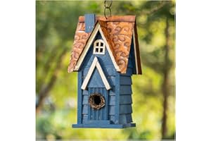 Glitzhome 12" H Retro Blue Distressed Solid Wood Cottage Birdhouse Hanging Bird House for Outdoors