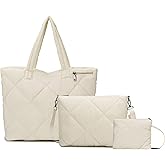 Quilted Tote Bag Set for Women, Puffer Shoulder Bag with Crossbody Purse and Small Pouch, Lightweight Travel Work Gym Handbag