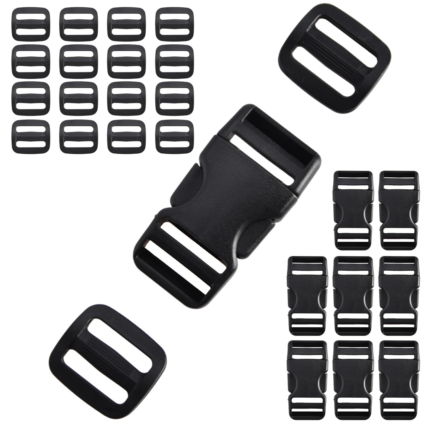 TERLUNNSI Buckles for Straps - 8 Pieces Side Quick Release Buckles + 16 Pieces Tri-Glide Slide, Heavy Duty Dual Adjustable Backpack Buckle No Sewing