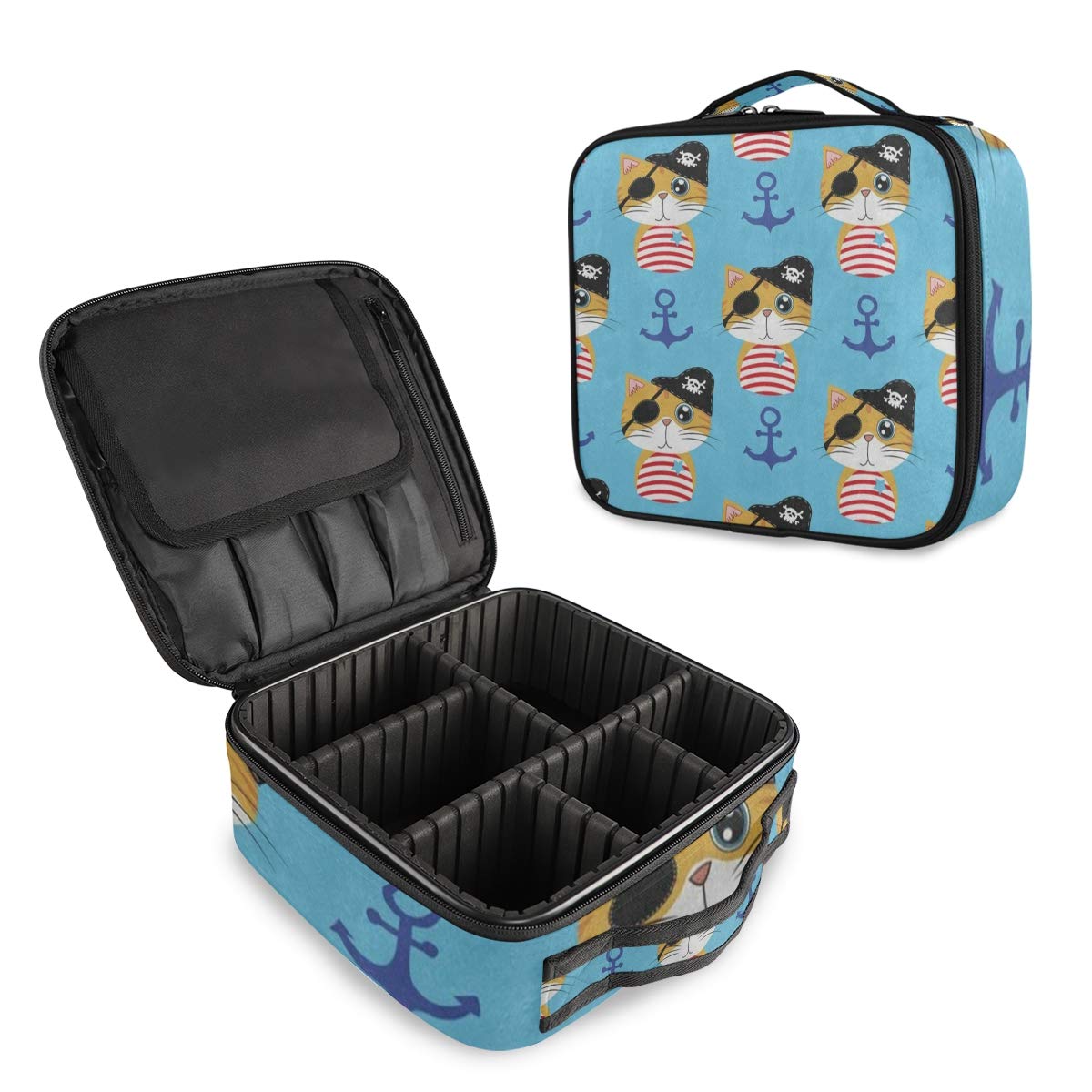 SLHFPX Travel Makeup Case Cute Pirate Cat Kitten Cosmetic Bag Box Professional Train Case Large Make Up Storage Organizer with Adjustable Dividers & Brush Section for Women Girls Hard Shell