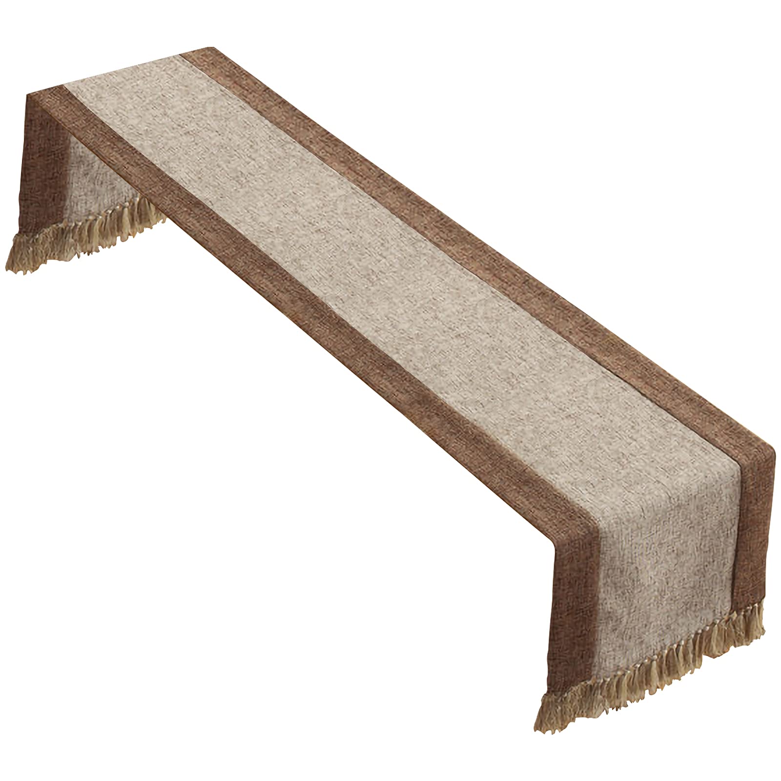 rismart Cotton Linen Tassels Table Runner for Dinning Dresser Table Beige Brown,38 x 180 cm
