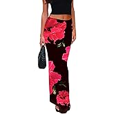 ZREQV Women's Maxi Skirt Mesh Floral Print Casual High Waisted Elastic Bodycon Fishtail Hem Vacation Long Skirts