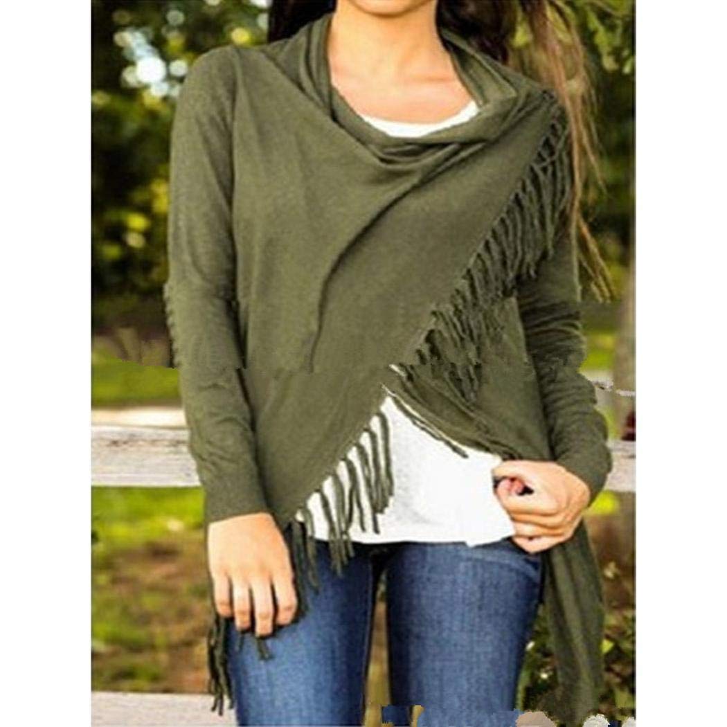 lazinem Women Classical Tassel Oblique Line Long Sleeve Tops Knits & Tees Army Green