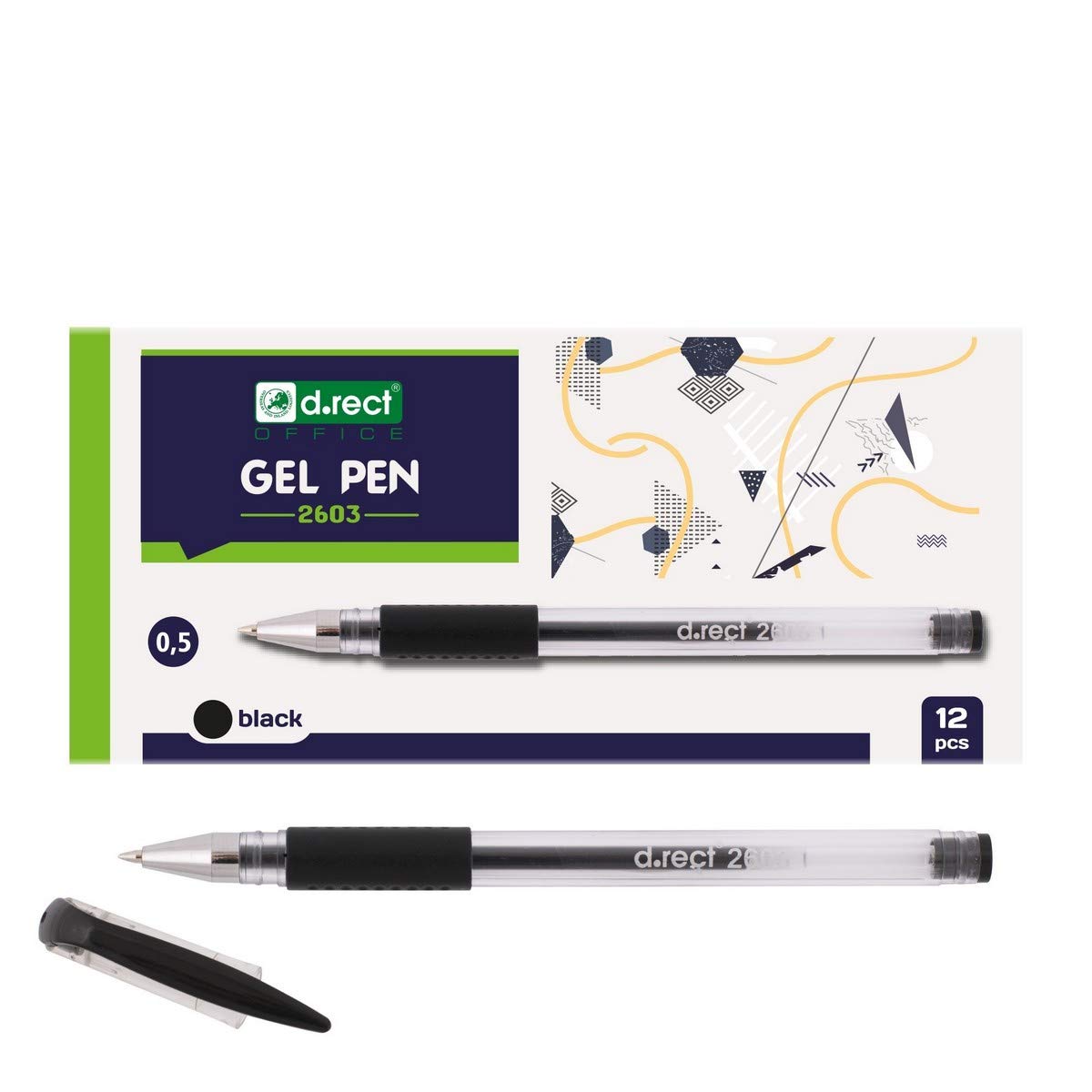 D.RECT 2603 Gel Pens Rubberised Grip Black Pack of 12