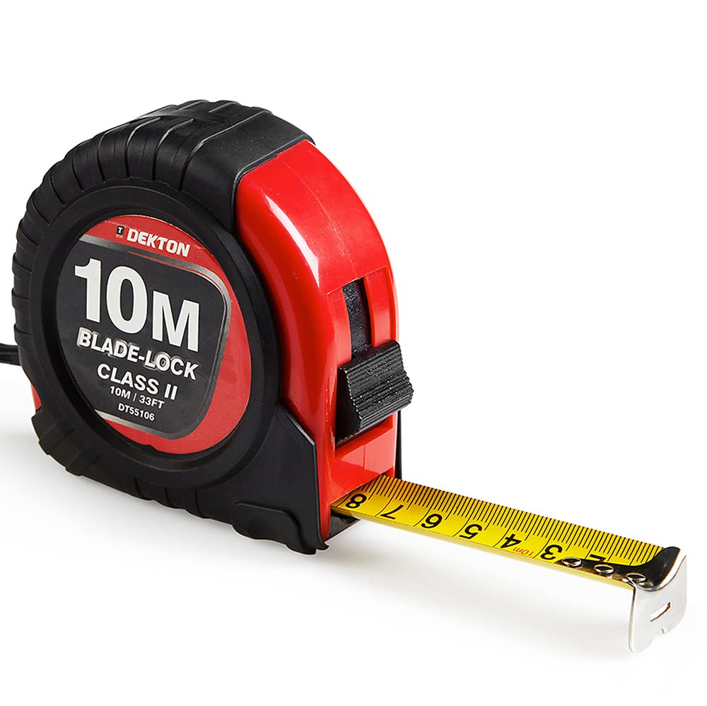 Dekton 10m X 25mm Hard Case Tape Measure-10m/33ft Blade-lock| Belt Clip| Rubber Grip| High Carbon Steel| Imperial And Metric Units| Durable, Accurate, With Robust Hard Case| Easy-to-read Measurements