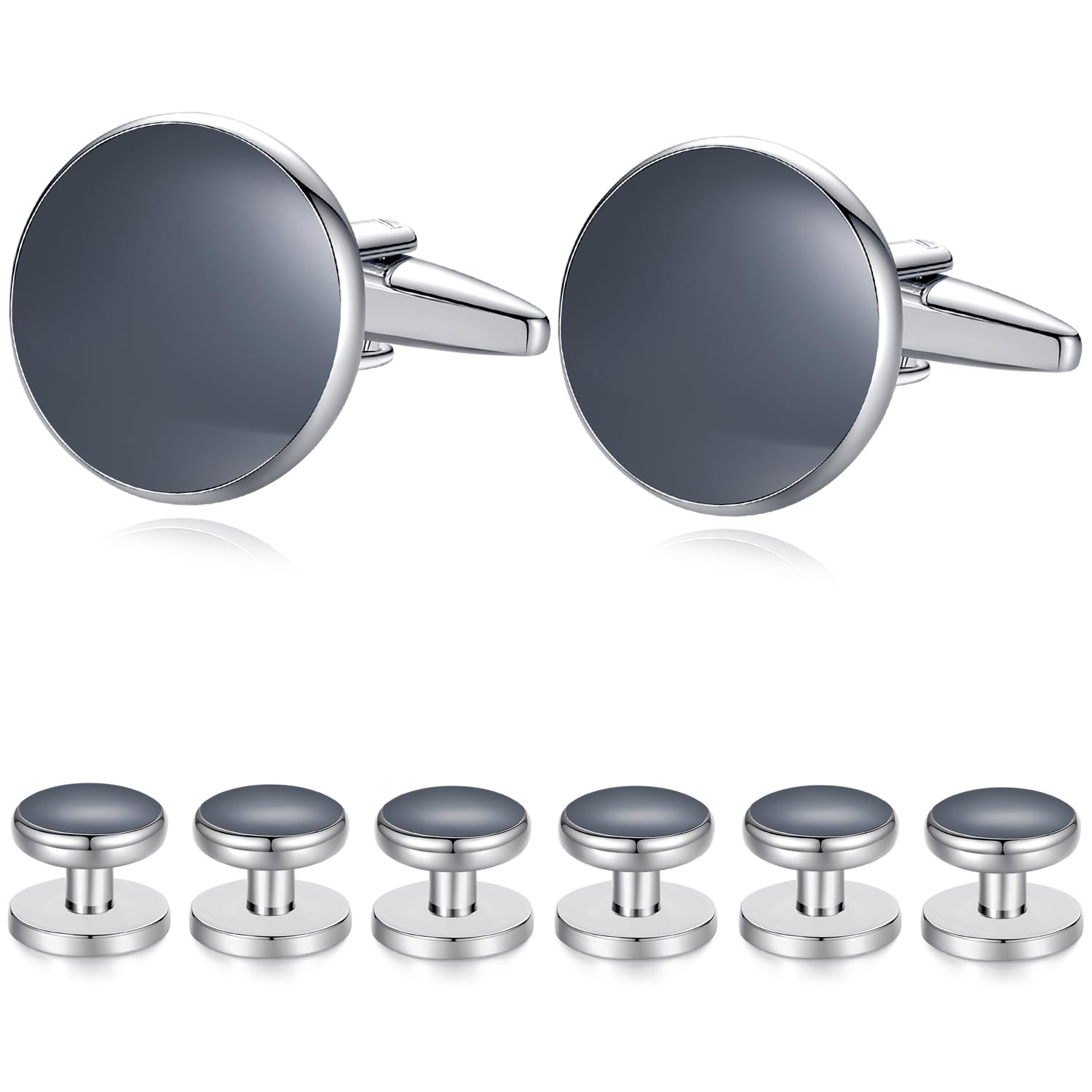 HONEY BEAR 8pcs Set Cufflinks and Studs - Black Onyx, for Men Shirts Tuxedo Wedding Gift …