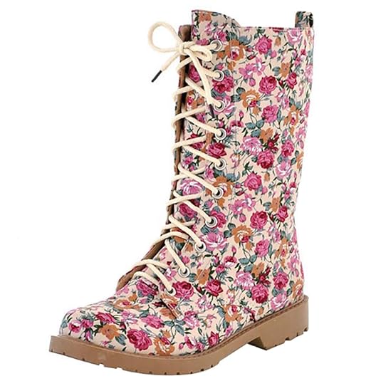 YE Damen Blumenmuster Halbschaft Stiefel Flach Canvas Stoff Boots mit Blumen und Schnürung Winterboots Bequeme Süße Schuhe