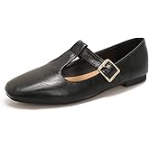 qibusleen Women's Slip On T-Strap Mary Jane Flats Low Chunky Heel Comfy PU Round Toe Flat Shoes for Women Work Dressy Closed Toe Adjustable Strap Ballet Flats