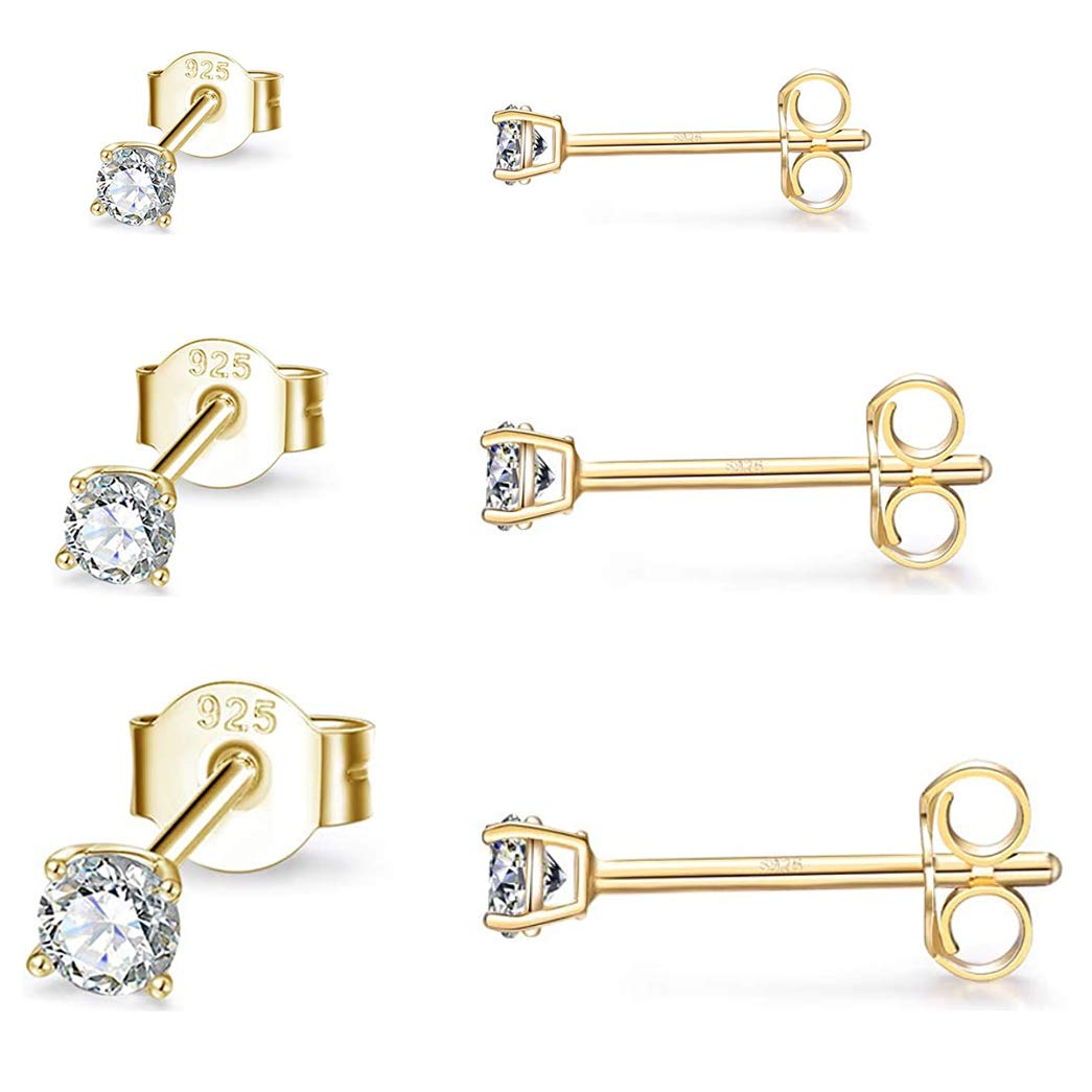Gulicx 3 Pairs Silver 14K Gold Stud Earrings Set for Women Girls, Hypoallergenic 925 Stering Silver Round Cubic Zirconia Simulated Diamond Stud Earrings, Small Sleeper Cartilage Studs,Size:2,3,4mm โ image 1