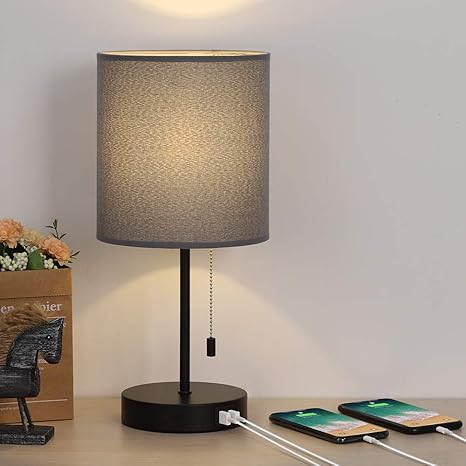 Amazon Com Usb Bedside Table Lamp Nightstand Lamp With Gray Fabric Lampshade Dual Usb Quick Charging Ports Desk Lamp Perfect For Bedroom Living Room Study Room Office Dressing Room Home Improvement