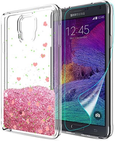 Note 4 Case, Galaxy Note 4 Case with HD Screen Protector,Slook[Heart Series] Cute Liquid Sparkly Bling Moving Glitter TPU Shockproof Protective Girly Clear Phone Cover for Samsung Note 4 LS Rose Gold