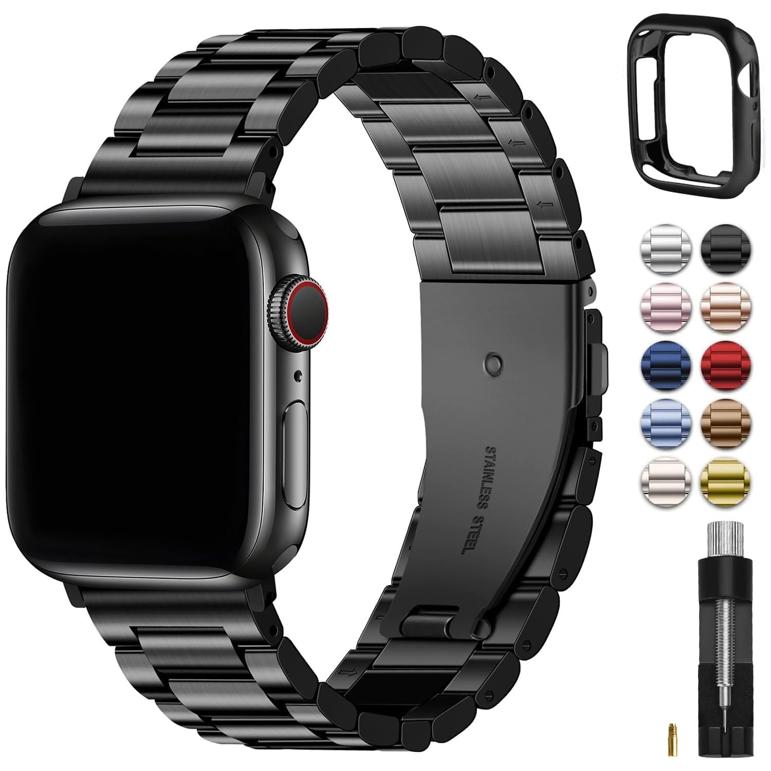 Fullmosa Compatible with Apple Watch Straps 40mm 41mm 38mm 42mm(Series 11/10), Metal Stainless Steel Replacement Bands for iWatch SE 3 2 1/Series 11/10/9/8/7/6/5/4/3/2/1, Black & Protective Case — image 1
